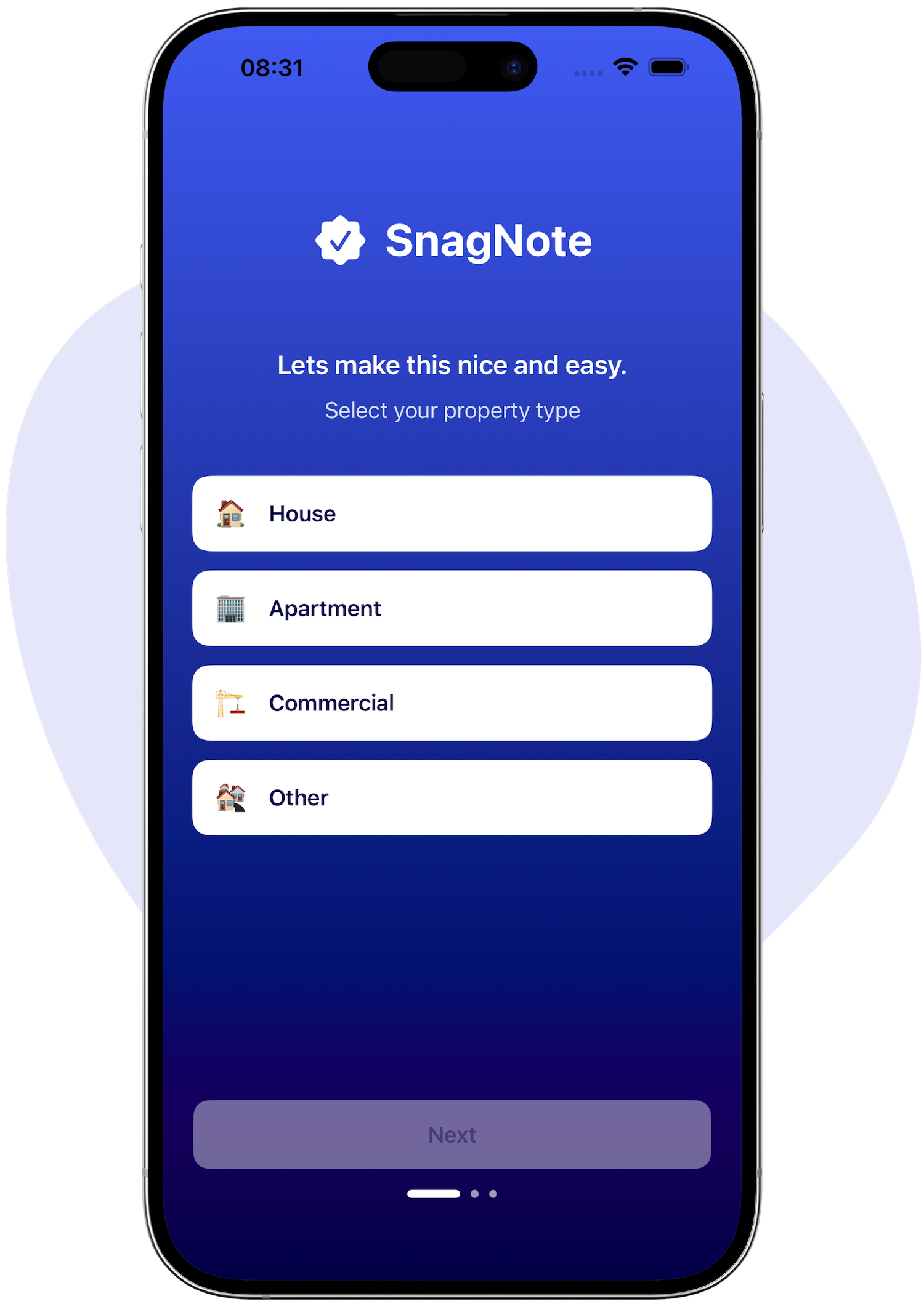 SnagNote setup screen